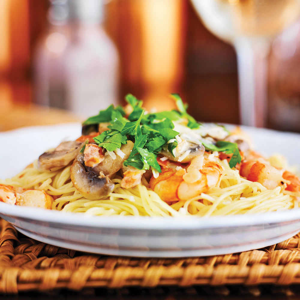 Champagne Shrimp with Mushroom Pasta